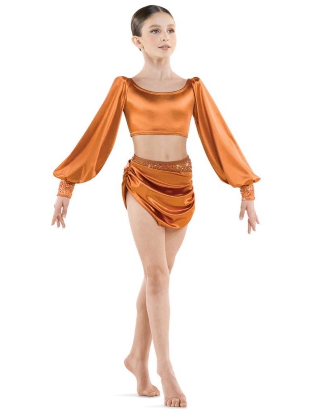 Tenth House | Vesper Satin Set Long Sleeve Crop Top Ruched Mini Skirt Copper LC